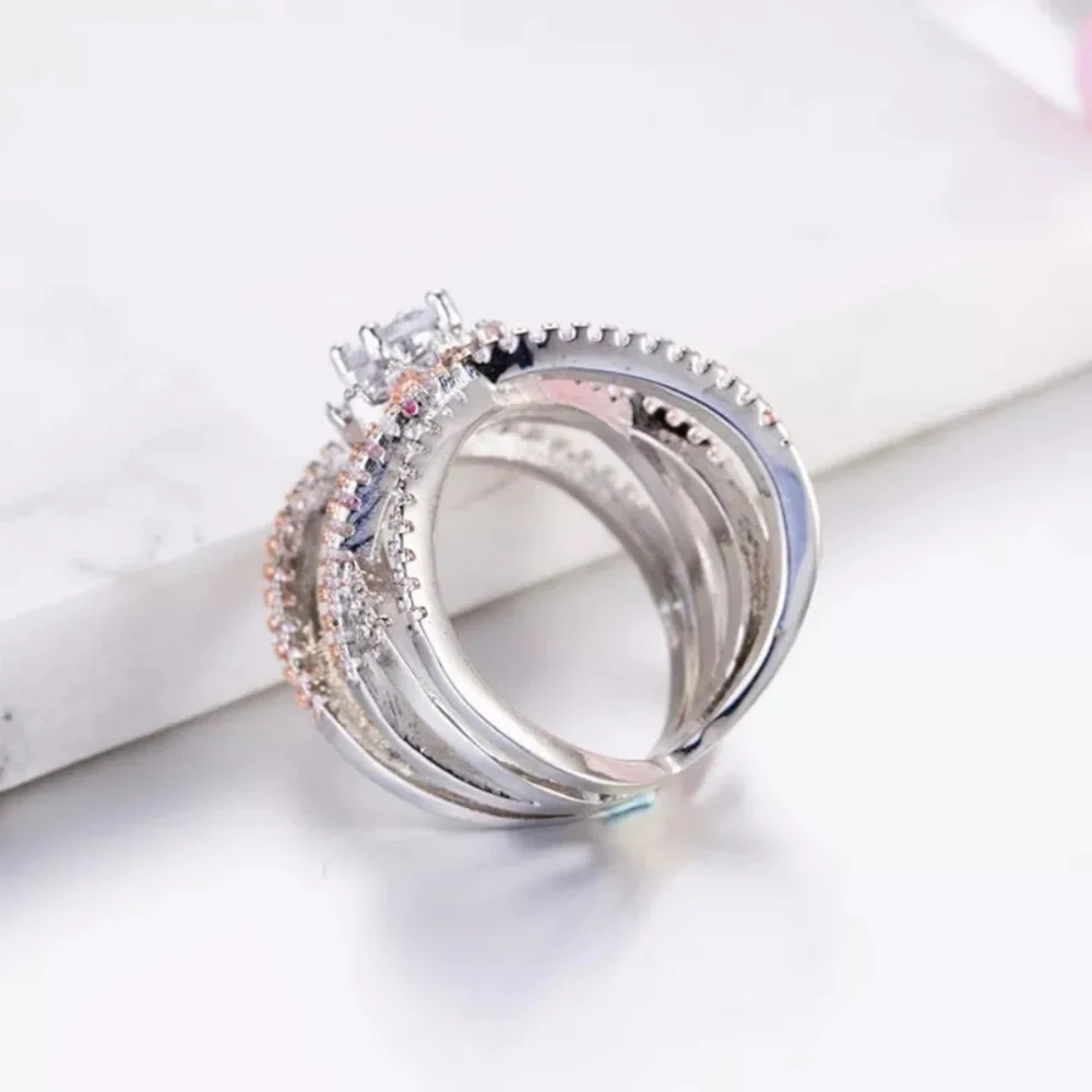 New Designer Silver&Rose Gold Round Diamond Ring - Picture 3 of 4